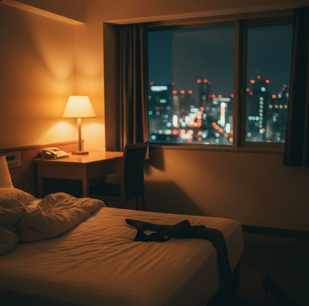 東横インのシングルルーム、オレンジ色の間接照明に照らされた少し乱れたベッドと、窓の外に広がる夜の街の灯り。