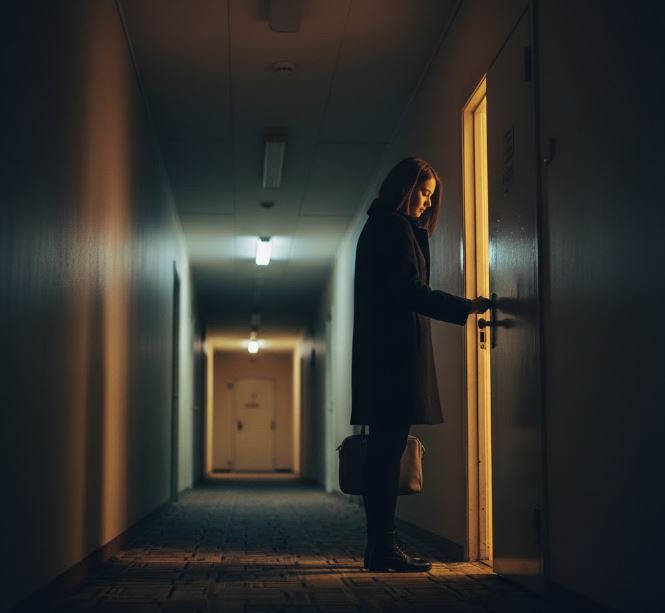 冬の夜、少し古びたビジネスホテルのドアの前に立つ、コートを着た28歳日本人女性の物憂げなシルエット。