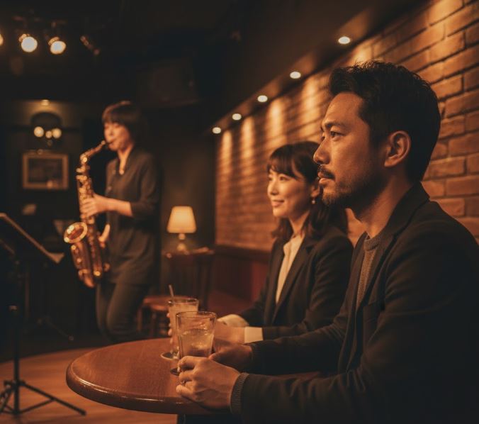 琥珀色の照明に照らされた暗いジャズバーで、サックスの生演奏を静かに見つめる、知的な雰囲気の大人の男女の横顔。
