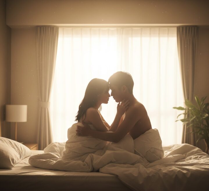 朝の眩しい光が差し込む部屋で、白いシーツに包まれながら密着し合う男女のシルエット。官能的で美しい夜明けの情景。