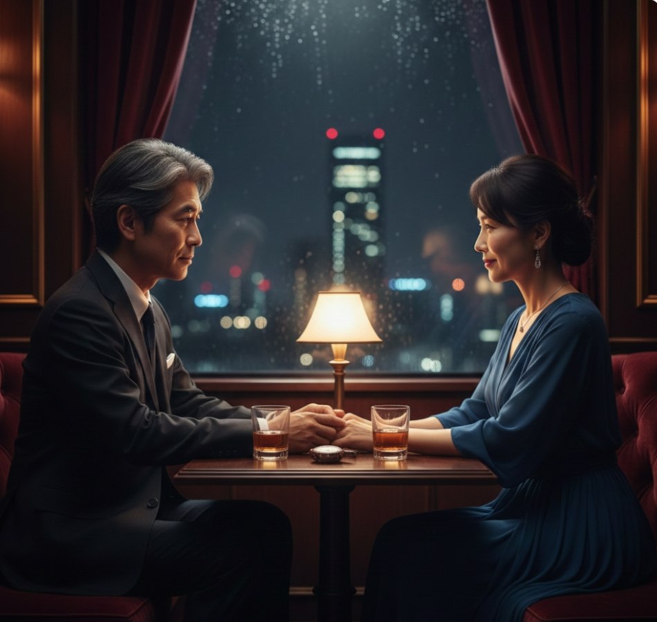 ホテルのラウンジで静かに向き合い、手を取り合う落ち着いた雰囲気の日本人男女。