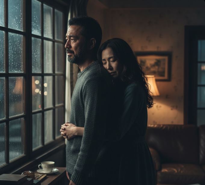 雨に濡れた夜の窓の外を眺める、苦悩に満ちた表情の男性のシルエットと、その隣で優しく彼に寄り添う女性の重なり。