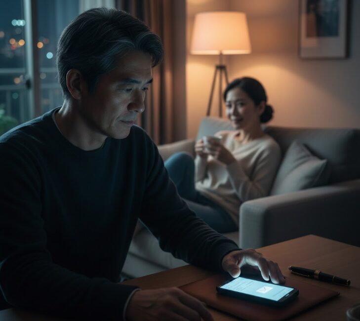 暗い部屋の机の上、青白く光るスマートフォンの画面と、傍らに置かれた万年筆。静寂と期待が入り混じる大人の夜。