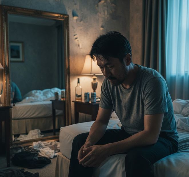 ホテルの暗い部屋で、ベッドの端に座り疲れ果てた様子で下を向く男性と、背後の鏡に映る乱れたシーツと飲みかけのグラス。