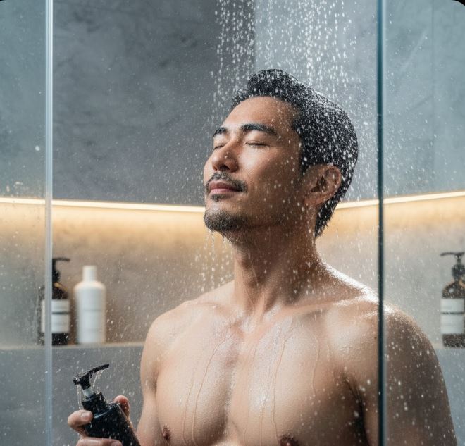 夏の逢瀬に向け、シャワーで身を清め加齢臭対策を徹底する日本人男性の自律の姿