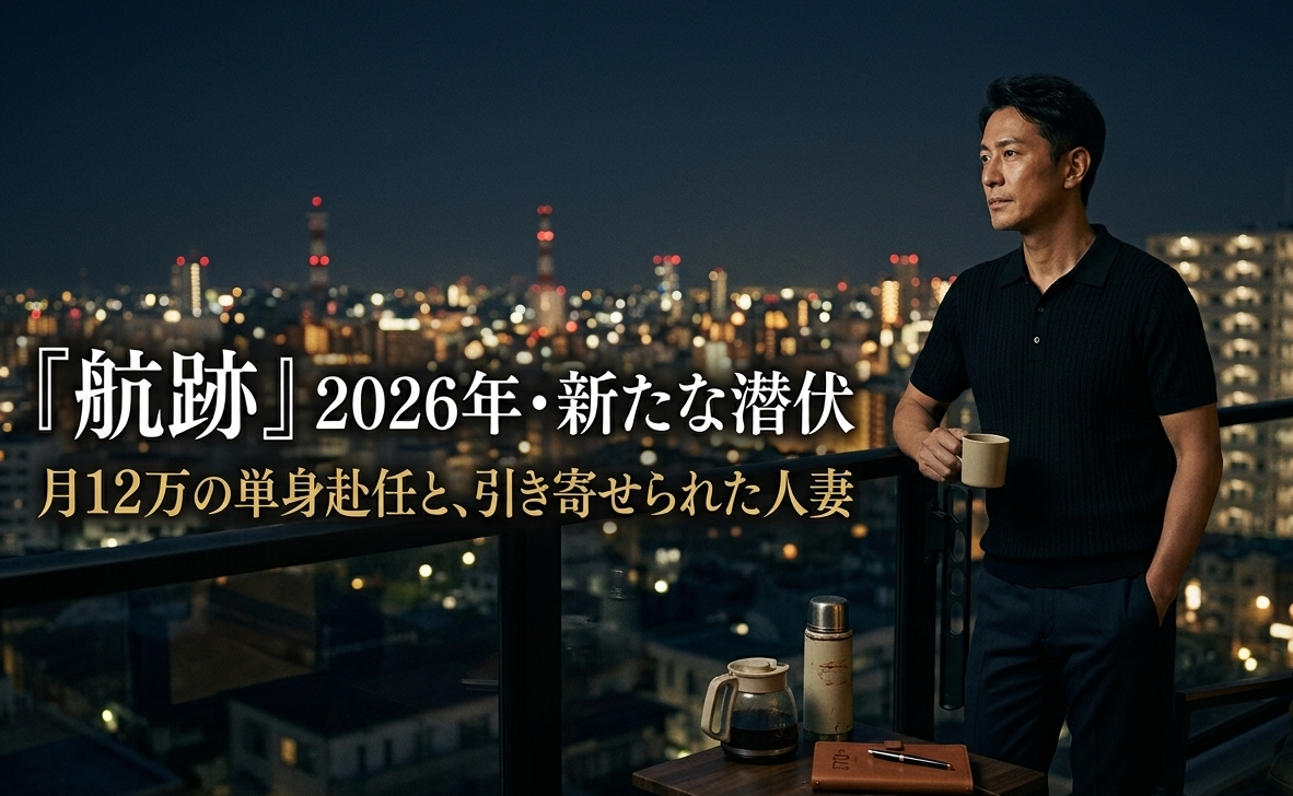 夜の地方都市のベランダで、コーヒーマグを手に佇む40代後半の自律した男性（よしき）。身バレ防止のため背景は匿名性の高い夜景。左側に『航跡』2026年・新たな潜伏、月12万の単身赴任と、引き寄せられた人妻、という日本語タイトルテキスト。